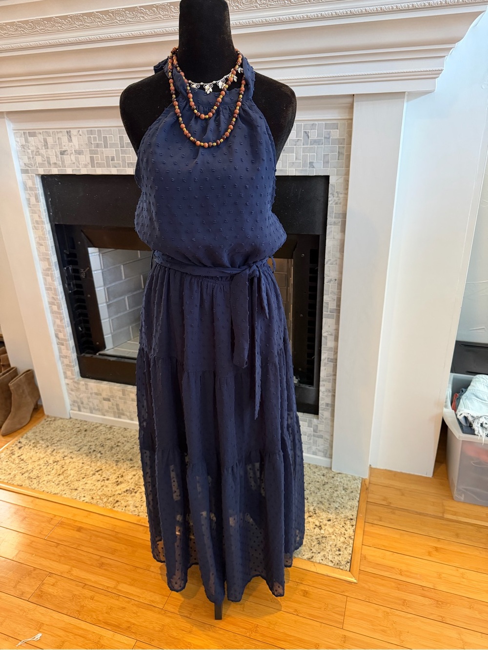 Swiss Dot Navy Halter Maxi Dress